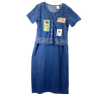 Vintage Erika & Co Denim Maxi Dress Womens Large Blue Jean Embroidered Patchwork